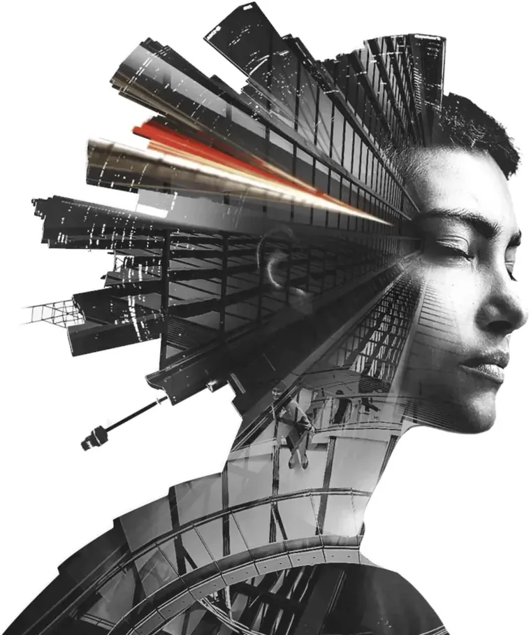 Doppelbelichtung: das Profil eines Menschen, verschmolzen mit Architektur und Datenströmen - Technologie ist immer auch ein Menschenthema.